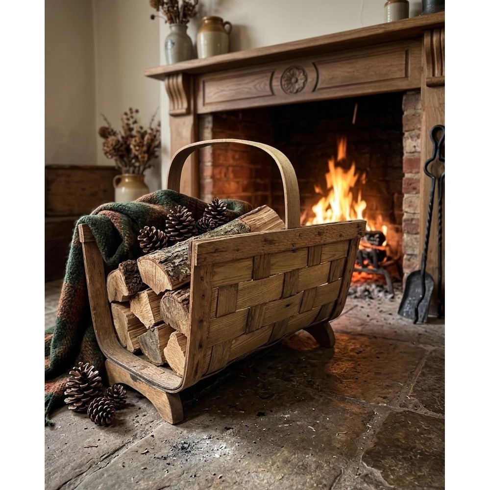Vintage Woven Oak Splint Magazine Basket with Handle
